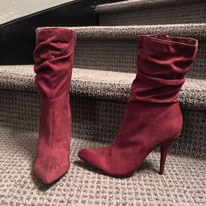 Burgundy Women's Stiletto Boots w/Faux Fur Lining